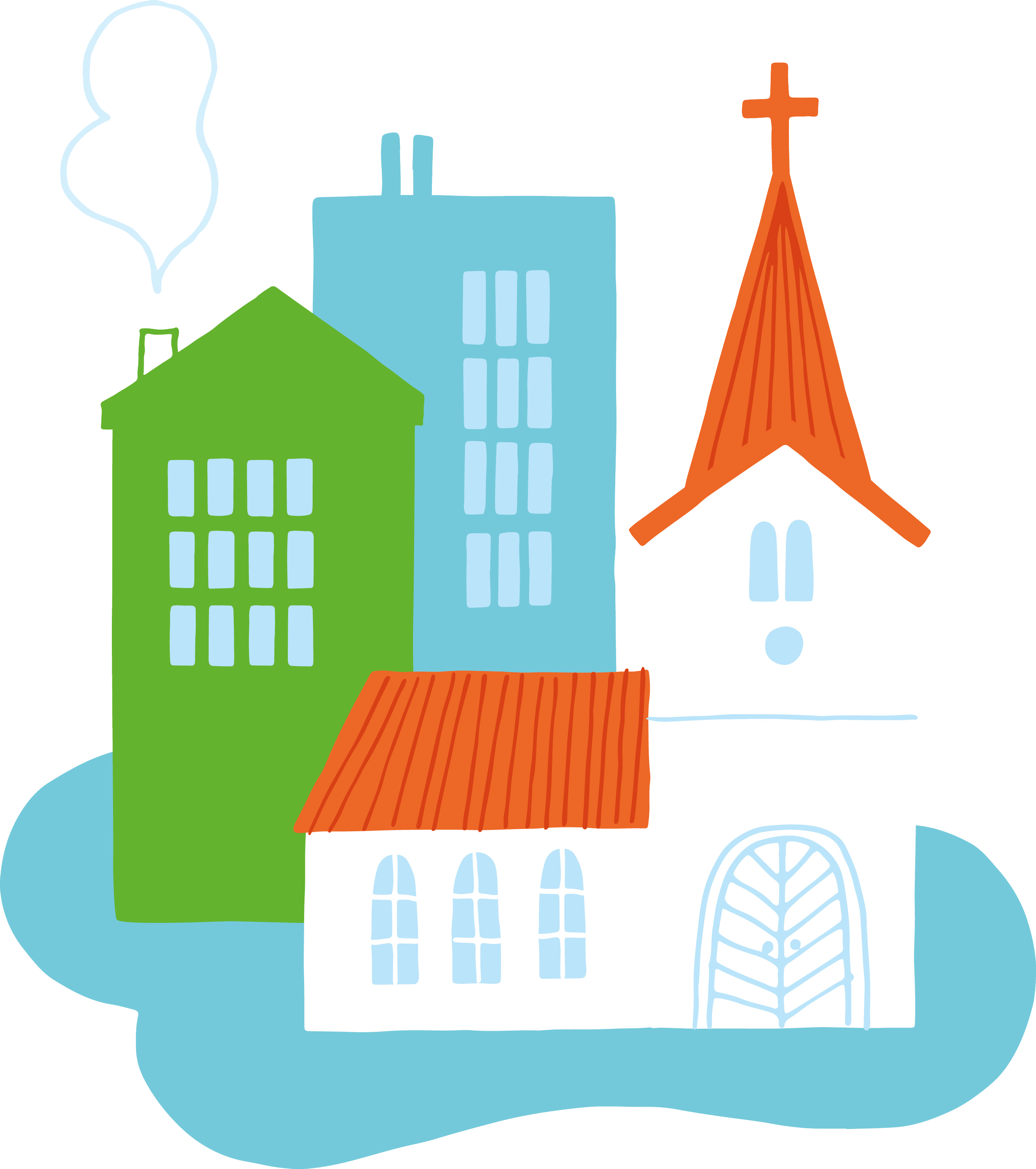 Illustration av kyrka och stad
