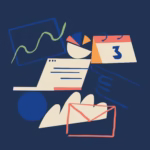 Illustration av organisation: diagram, kalender, dator, epost m.m.