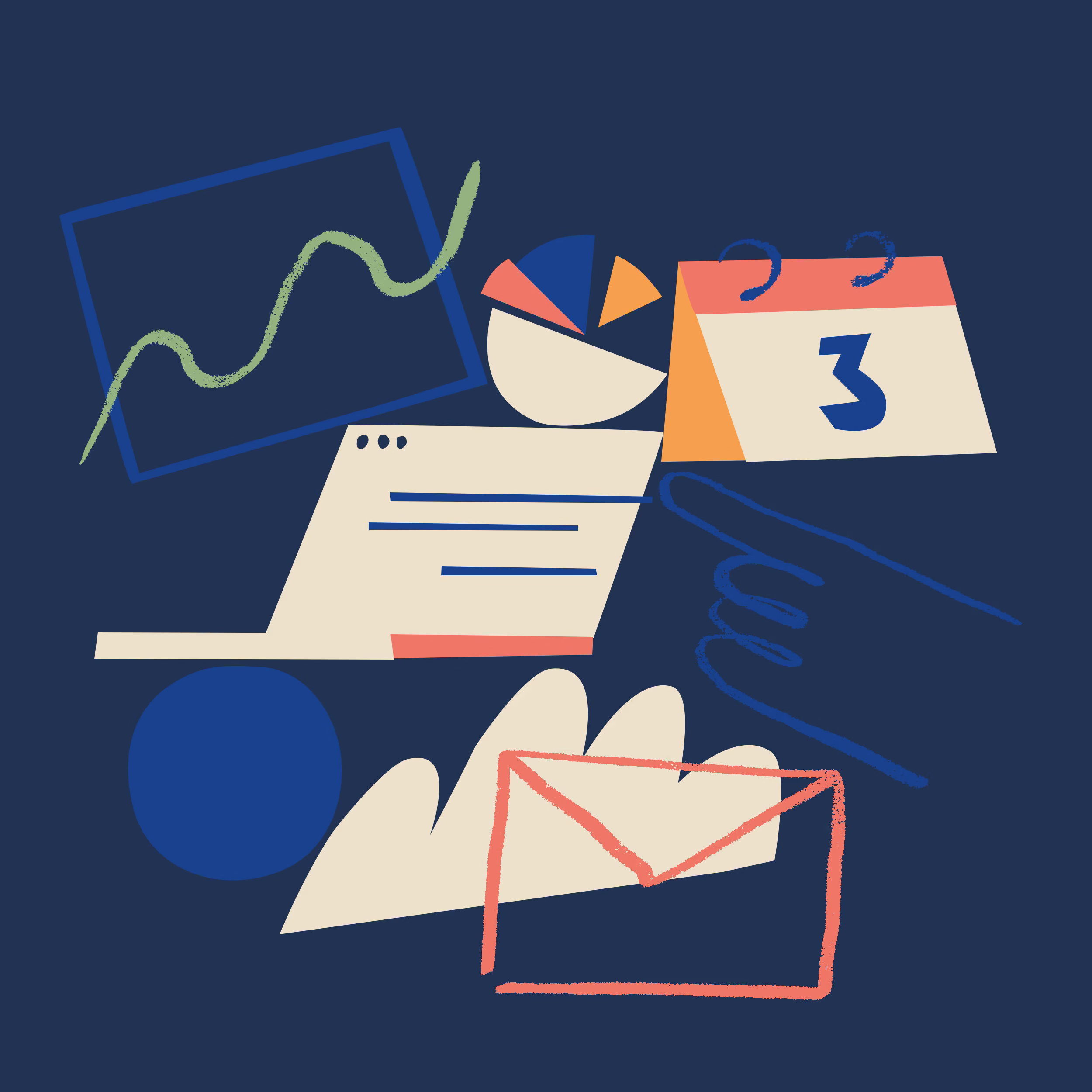 Illustration av organisation: diagram, kalender, dator, epost m.m.